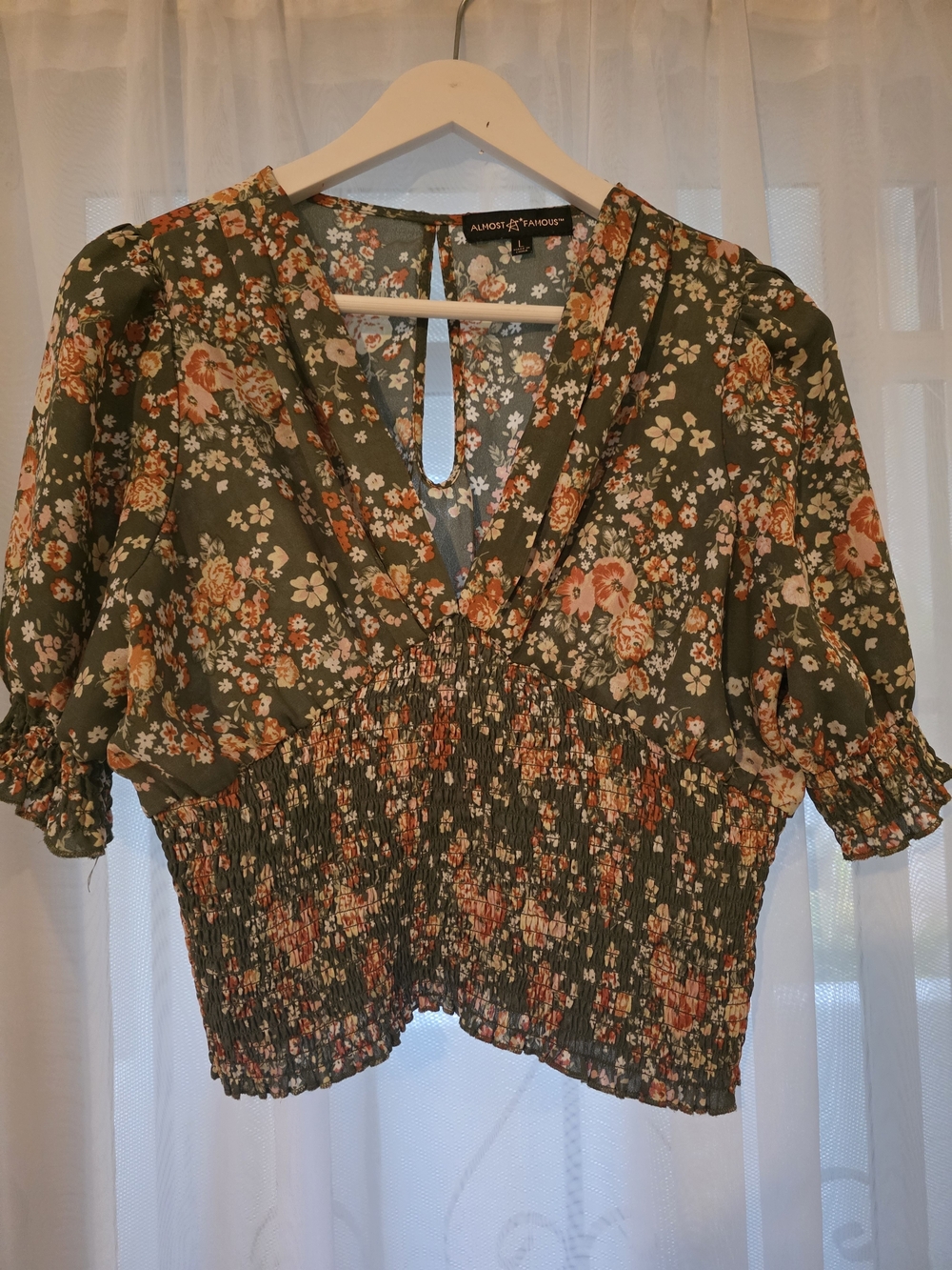 Almost Famous Olive Green Floral Smocked V-Neck Blouse